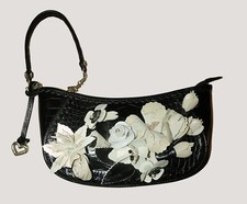 Brighton Leather Floral Embellished Black Retired Calista Croc Embossed Wristlet picture