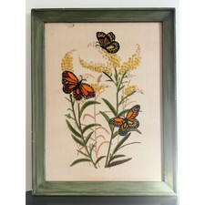 Vintage 1970s Crewel Embroidery Monarch Butterfly Framed Floral Boho Art picture