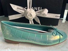 New 26K Chanel Green Turquoise Iridescent Crocodile Em Ballerinas Flats Shoes 40 picture