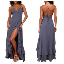 Lulus Slate Blue Lace-Up Back Ruffle Maxi Dress High-Low Formal Gown picture