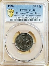 1920 Germany 50 Pfg Cave Bear Skeleton PCGS AU58 Funck-328.12A Menden Iron 8400 picture
