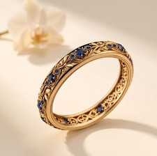 Vintage Blue Sapphire Wedding Band Floral Engraved 14K Gold Eternity Ring Women picture
