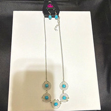 Paparazzi Silver Tone Cable Chain Necklace Blue Round Crystal Bezel + Earrings picture