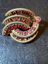 Vintage 1950s Red Pink Rhinestone Brooch Pin Gold Tone Spiral Knot Swirl MCM picture