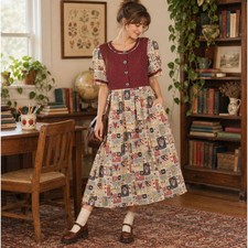 Vintage Handmade 90s Dress Prairie Granny Novelty Cute Teacher M Midi Cottage picture