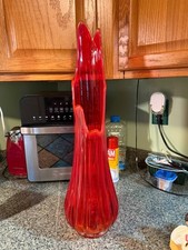 Vintage MCM L.E. Smith Amberina Red Ribbed Swung Vase 23