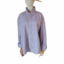 Upcycled Womens 2XL Pink Blue White Plaid Ruffle Mock Neck Cotton Button-Up picture