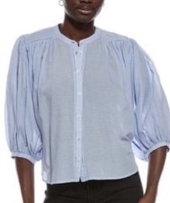 MADEWELL Shirred Crewneck Puff Short Dleeves Button-Up Top Tranquil Blue $110 picture