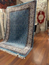 Blue Turkish Silk Rug 7x10 ft Fringed Oriental Carpet Luxury Design picture