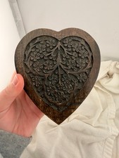 Vintage Hand Carved Wooden Heart Shaped Jewelry Box Floral Lid Divided Storage picture