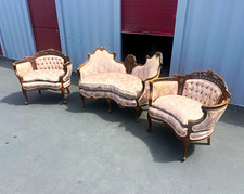 Victorian Carved Wood 3-Piece Set Loveseat & 2 Armchairs Pink Floral picture