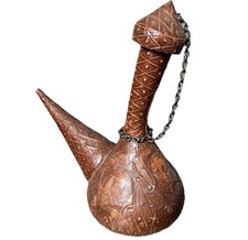 Vintage Spanish Porron Wine Decanter Spain Tooled Leather Glass Bottle 11” picture