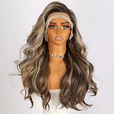 26” inch Lace Front Wavy Body Long Brown Blonde Highlight 13x3 Glueless Heat wig picture