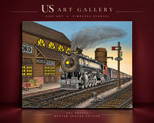 H. Hargrove Signed Railroad Steam Train Station Painting on Canvas Americana picture