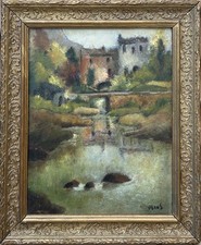 Impressionist Antique 1900’s Original Landscape Village Canal Oil Painting Frame picture