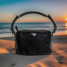 PRADA Black Nylon Saffiano Leather Classic Bag EUC picture