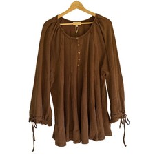 Oddi Brown Waffle Knit Henley Tunic Top 2XL IT14555P Tie Cuff Boho Thermal picture