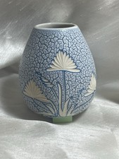 Vintage Mid Century Studio Pottery - Blue Crackle Glaze Sgraffito Carved Floral picture