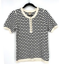 Magaschoni Cotton Pointelle Knit Henley Top Navy Cream Chevron Quiet Luxury NWT picture