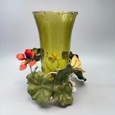 Vintage Walter Hatches Floral Tole Green Hurricane Glass Table Candle Holder picture