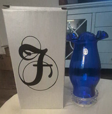 Fenton Blue & Clear Ruffled Pattern Glass Decorative Vase with Box picture