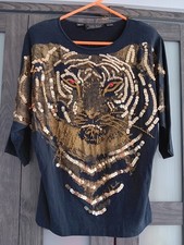 VTG DELLA-SPORT Top TIGER Black Art-to-Wear  SEQUIN BEADS Knit Medium Red Eyes picture