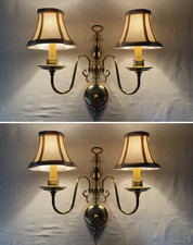 RESTORED Pair Antique Vtg Wall Sconces Brass Colonial Victorian Arts Crafts Deco picture