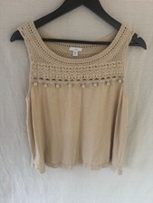 J Jill Tan Crochet Yoke Pom Pom Tank Top MP Medium Petite Boho Coastal  picture