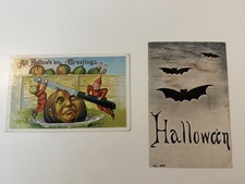 Lot of 2  Antique Halloween Postcards F.A. Owen Co Bats Pumpkin c1909/14 picture