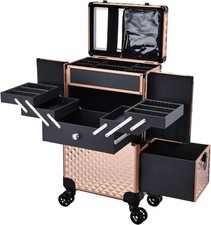 Professional Rolling Makeup Train Case Large Cosmetic Trolley Rose Gold picture