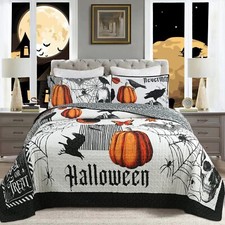 3 Pcs Halloween Themed Quilt Bedspread Set Cozy and Spooky Pumpkin Ghost ME500 picture