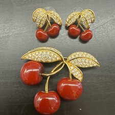 Vintage 1990's Joan Rivers Gold Tone Cherry Rhinestone Earrings &Matching Brooch picture
