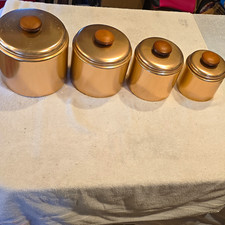 Mirro 4pc Gold Tone Metal Canister Set w/ Beech Wood Knob Lids Vintage picture
