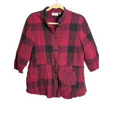 Habitat Blouse Women's Medium Plaid Crinkle Cottagecore Lagenlook Black Red picture