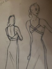 Original Vintage 1930s Fashion Illustration Sketch Hand Drawn Evening Gown Dress picture