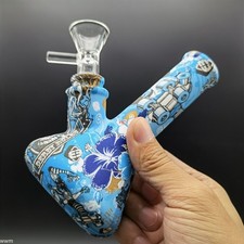4.7 Inch Silicone Hookah Smoking Water Pipe Bule Printed Bong W/ 14mm Glass Bowl picture