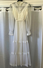 Vintage White Victorian Cottage Maxi Dress Lace Trim Sheer Long Sleeve Waist Tie picture