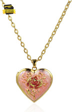 Vintage Enamel Flower Locket Necklace Engraved Flower Oval Teardrop Heart Photos picture