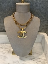Vintage CHANEL chain necklace large CC Pendant Yellow Gold Classic Quilted picture