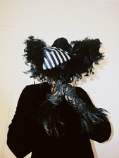 Victorian Gothic Feather Hat, Black & White Striped Statement Headpiece  picture