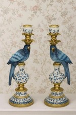 (Pair) Blue White Parrot Candle Holder Hollywood Regency Bird Decor Set 40cm picture
