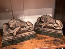 19th Century SWISS SLEEPING LION BOOKEND PAIR Statue ANTIQUE RARE European Decor picture