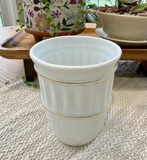 White Ceramic Beldi Style Cup Tumbler Fluted Ridged Gold Leaf Band Moroccan Art picture