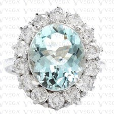 8.99Ct Oval Cut Natural Aquamarine & Diamond Real 14k SOLID White Gold Ring picture