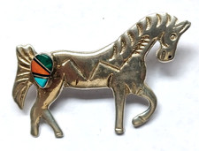 Vintage Navajo Melissa Yazzie Sterling Silver Horse Multi-Colored Stones Brooch picture