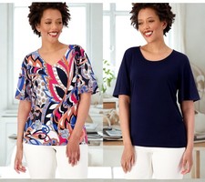 Susan Graver Set of Two Print & Solid Liquid Knit Tops AMERICANA/NAVY Size XL picture