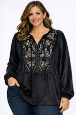 Bobeau Black Blouse Floral Embroidered Top Peasant Tunic Size 1X New NWT picture