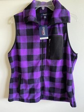 Chaps Sport Women’s NWT Fleece Vest Full Zip Purple and Black checkered XL picture