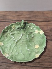 Antique Royal Bayreuth Cabbage Leaf Lemon Dish Green Majolica Porcelain Blue... picture