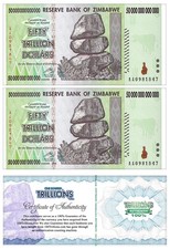 ZIM Zimbabwe 50 TRILLION  AA/2008 UNC 100% COA genuine 2 BANKNOTES, bundle, USA picture